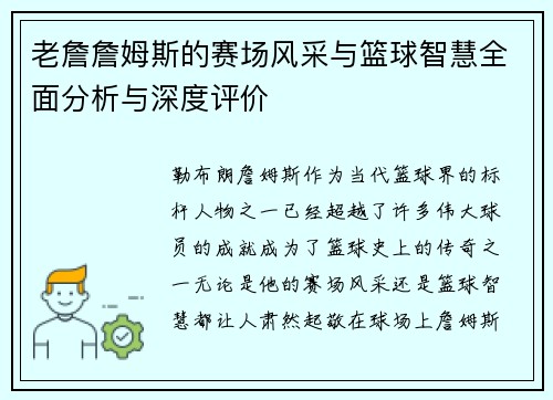 老詹詹姆斯的赛场风采与篮球智慧全面分析与深度评价